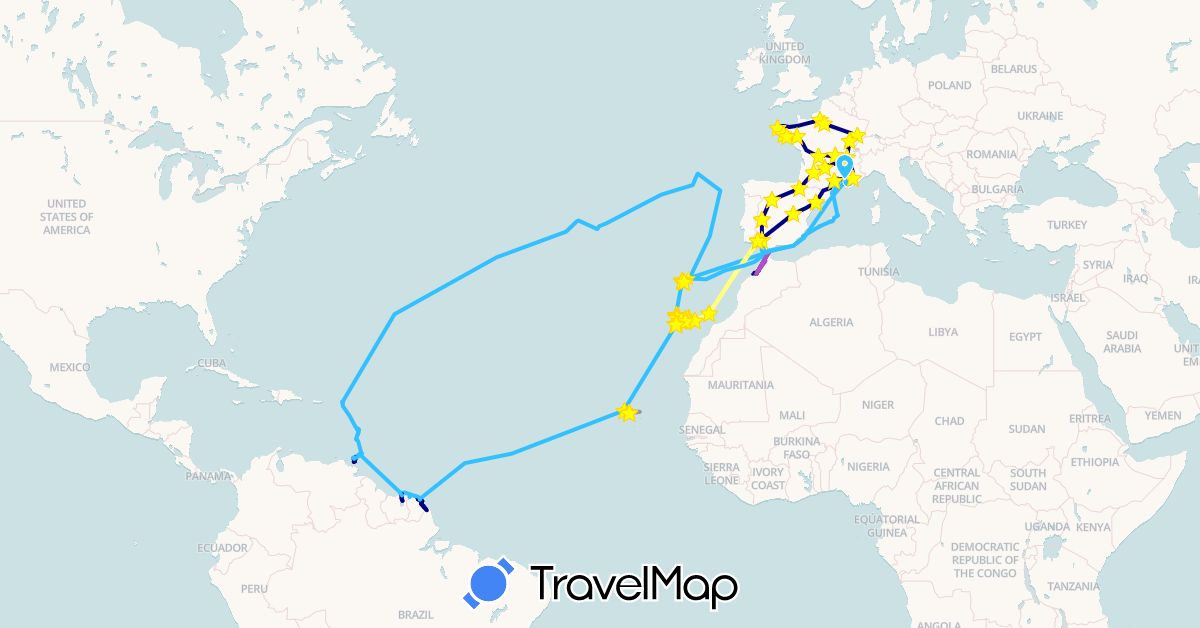 TravelMap itinerary: driving, bus, plane, train, hiking, boat, motorbike, ferry in Brazil, Cape Verde, Spain, France, Gibraltar, Saint Lucia, Morocco, Portugal, Suriname, Trinidad and Tobago, Saint Vincent and the Grenadines (Africa, Europe, North America, South America)